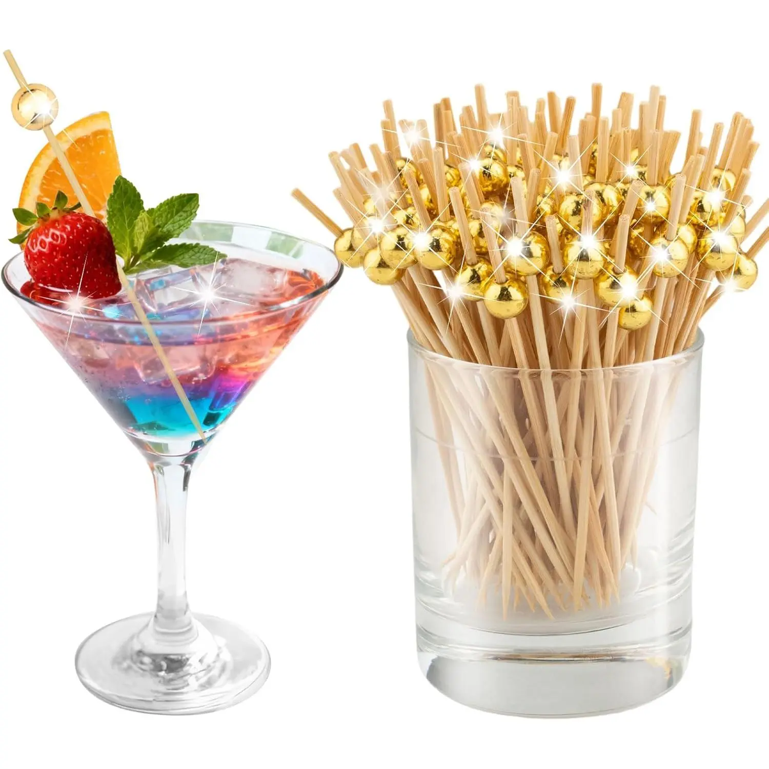 100 Counts 4.7 Inch Gold Cocktail Picks Fancy Pearl Decorative Wooden Toothpicks for Appetizers Drinks Desserts Charcuterie Wedding Party Supplies