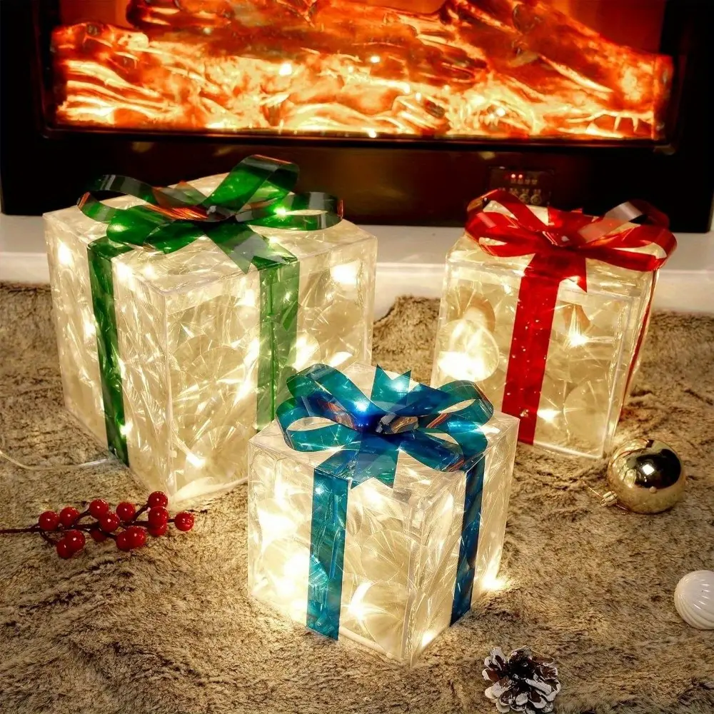 3-Piece Christmas Transparent Glowing Gift Box Set, Christmas Tree Decoration, Indoor Outdoor Party Decor, 180 LED Bow Christmas Light, 3 Aa Batteries Not Included