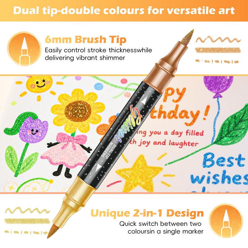 24/48/72/96 Colors Glitter Effect Brush Markers, Dual-Tip Dual-Color 1–5 mm Soft Brush Shimmer Markers for Doodle Writing and DIY Glitter Art, Greeting and Birthday Card Making, DIY Painting Supplies, Art Color Set