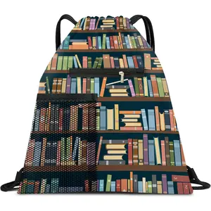 Drawstring Backpack Sports Gym Bag, Large String Swim Bag for Beach With Water Bottle Mesh Pocket, Cute Gym Sack with Zipper Pocket for Men Women Cute Bookshelf