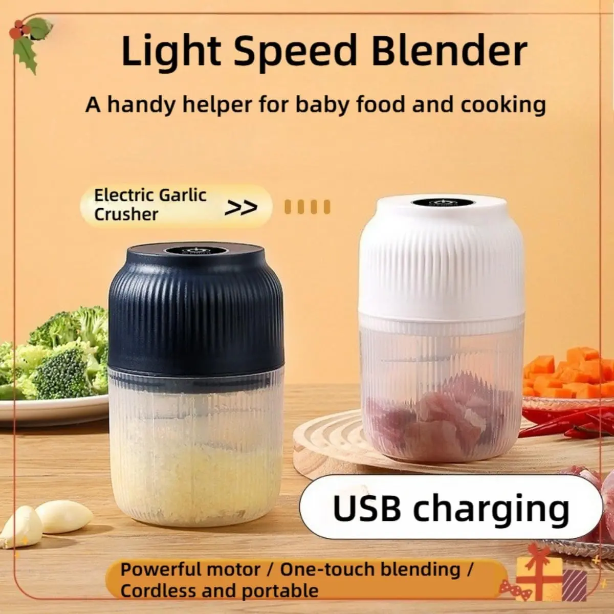 Electric Garlic Chopper 300ml One Touch Small Kitchen Processor 6 Stainless Steel Blades Rechargeable Mini Electric Food Chopper for Onion Chili Ginger Fruits