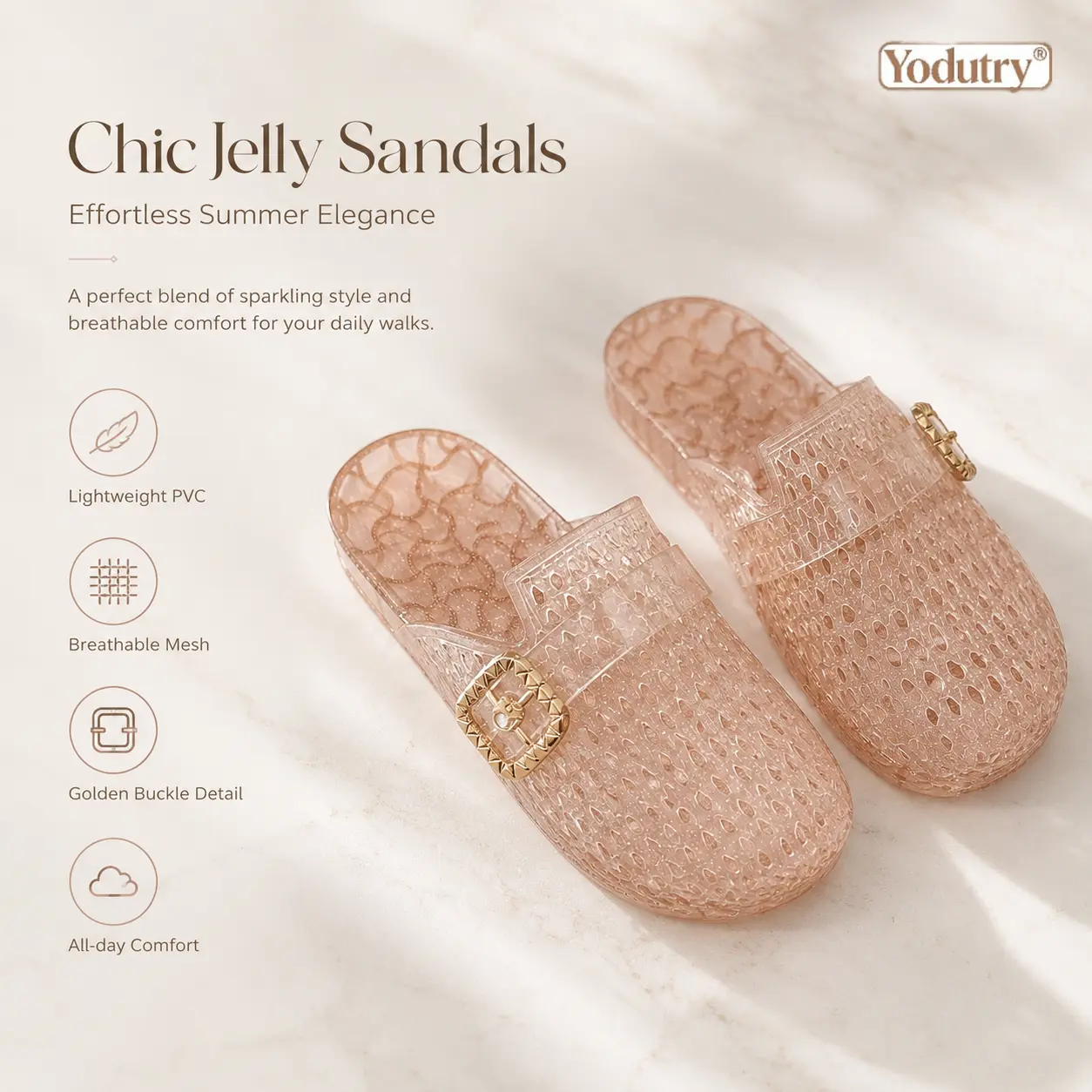 Yodutry | Women Hollow Out Glitter Jelly Slide Sandals, Adjustable Gold Buckle Waterproof PVC Mules, Breathable Mesh Non Slip Flat Jelly Slippers, Summer Beach Pool Casual Walking Slip On Sandals, 4 Colors Pink Grey Clear Gold