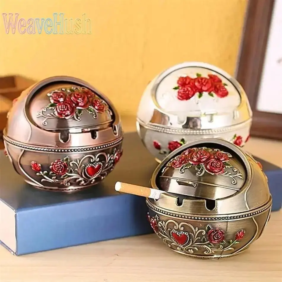 Retro Vintage Rose Embossed Metal Ashtray with Peacock Lid - Windproof Round Unisex Home Decor, Baroque PVC Tabletop Ornament for Indoor Use