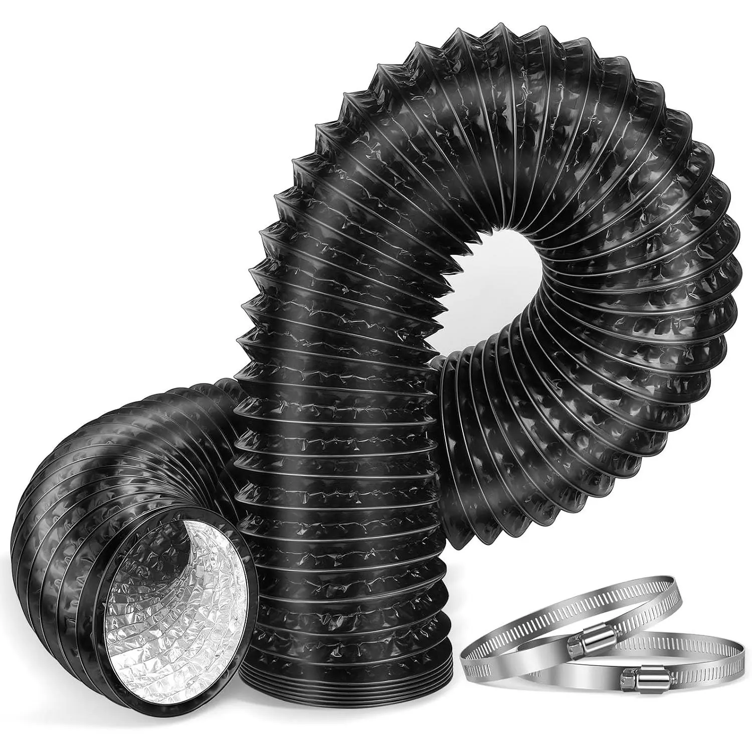 4-Inch 5  Long(150cm)Dryer Vent Hose, Thickened aluminium foil flexible aluminium ducting 2 hose clamps for HVAC, grow tents, kitchen  air and exhaust air, bathroom exhaust.