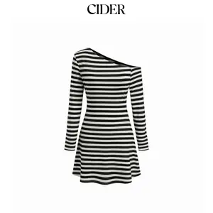 Cider Striped Asymmetrical Neck Long Sleeve Mini Dress Dealsforyou