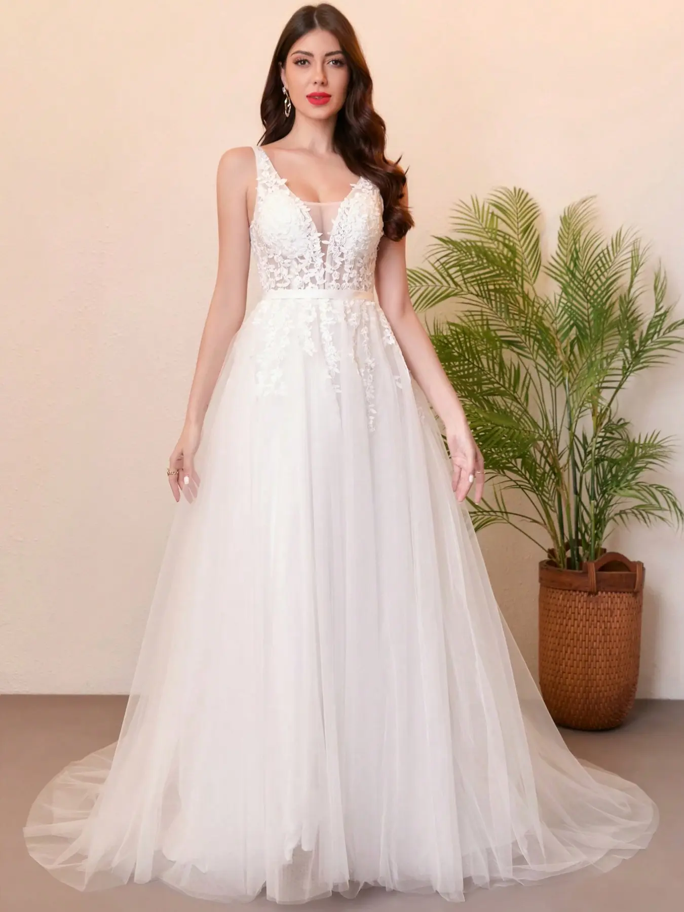 Deep V Lace Embroidered Wedding Dress with 3D Floral Design, Long Sleeve Bridal Gown, Elegant and Chic, Perfect for Special Occasions, Elegance