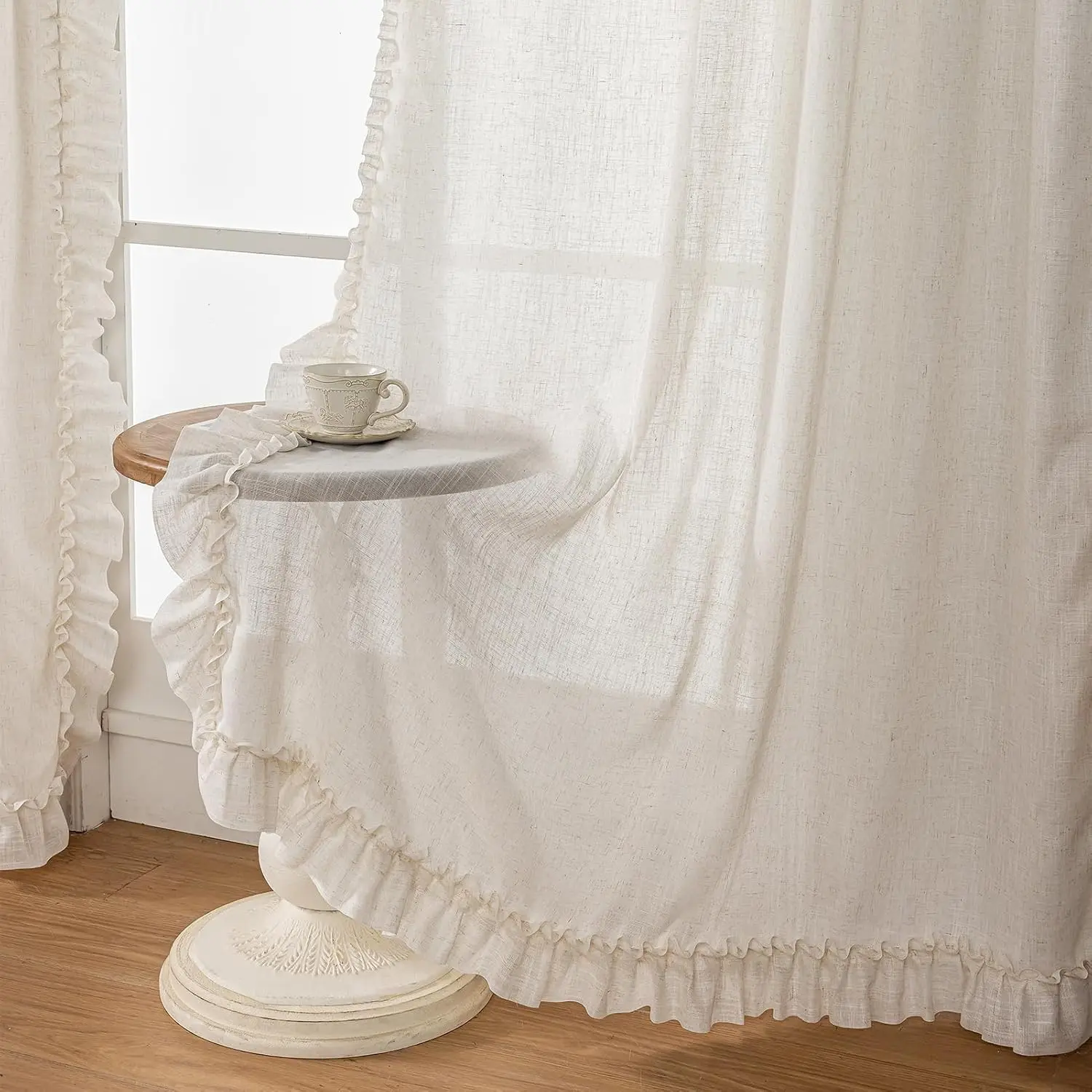 Ruffle Curtains for Living Room, 2 Panels Farmhouse Ruffled Curtains 84 Inches Long, Rod Privacy Light Filtering Semi-Sheer Cottagecore Window Flowy Scalloped Drapes, 58 x 84 Inch