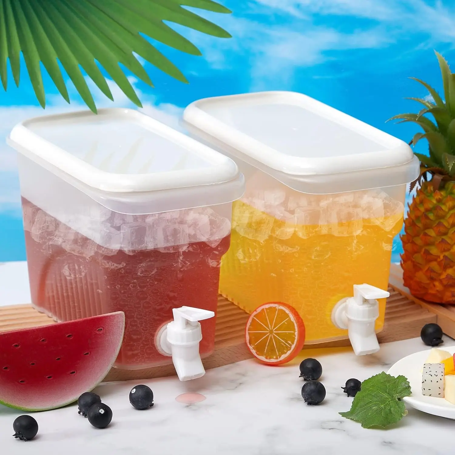 2 Pack Fridge Drink Dispenser with Spigot, 0.8 Gallon (3 Liter) Refrigerator Beverage Container, Slim Plastic Juice Dispenser for Lemonade, Iced Tea, Cold Brew, Kitchen Storage
