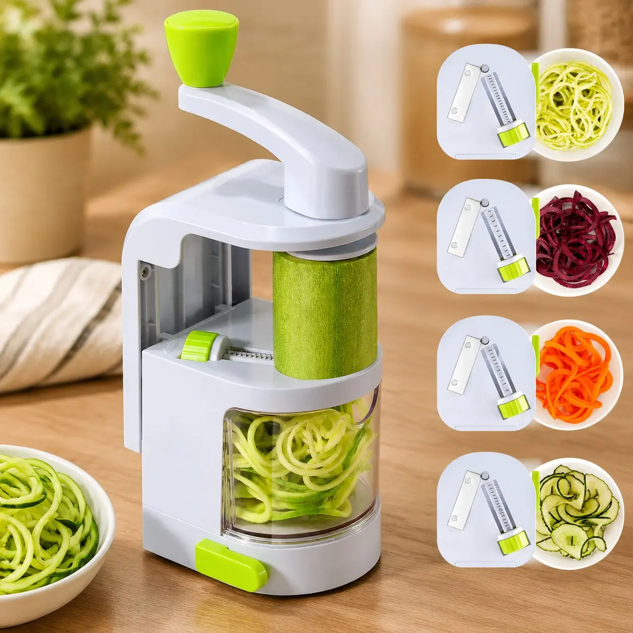 Vegetable Spiralizer, 4-Blade Zoodle Maker, Strong Suction & 500ml BinGift