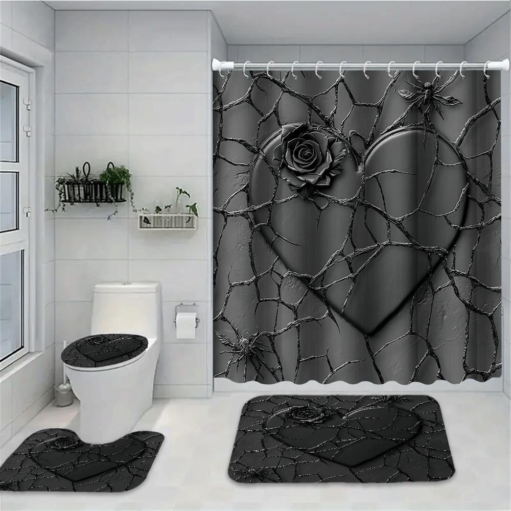 Floral Pattern Bathroom Decor Set, Includes Shower Curtain, Toilet Lid Cover, Mat, U-Shaped Pad, Valentine's Day Gift, Rose and Heart Design