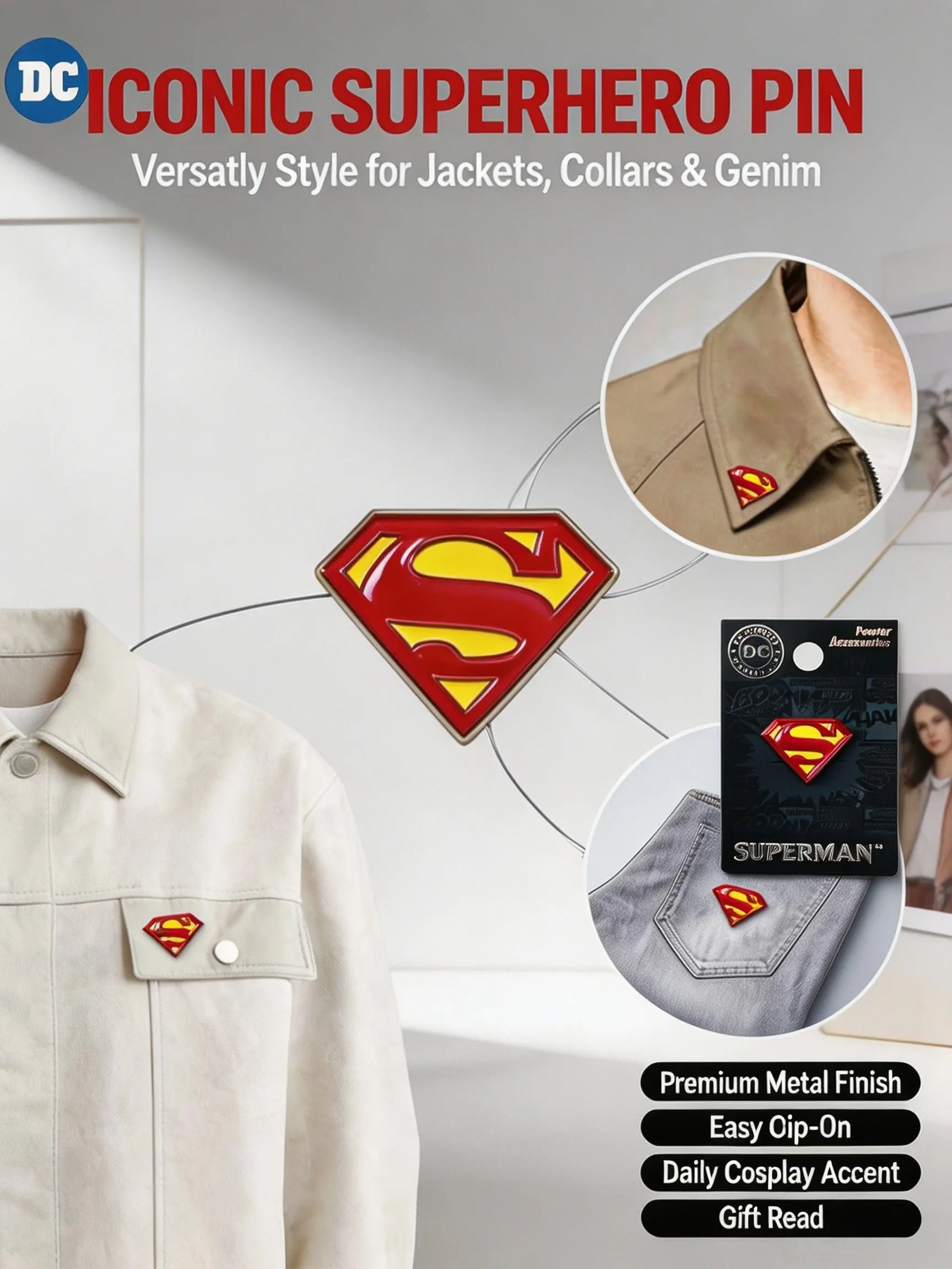 WB Official DC Comics Superman Logo Enamel Pin, Classic Superhero Shield Brooch, Metal Accessories, Gift for Men Fans, All Seasons
