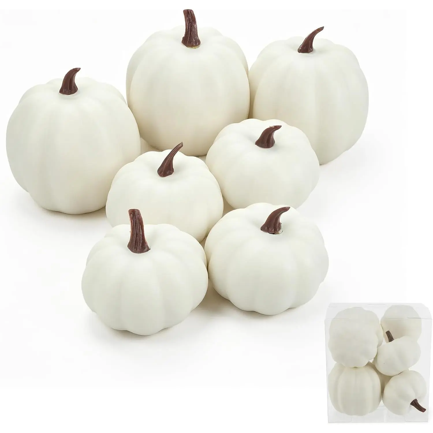 7 Pcs White Artificial Plastic Decorative Pumpkins, Thanksgiving Party Table Centerpiece, Autumn Home Decoration