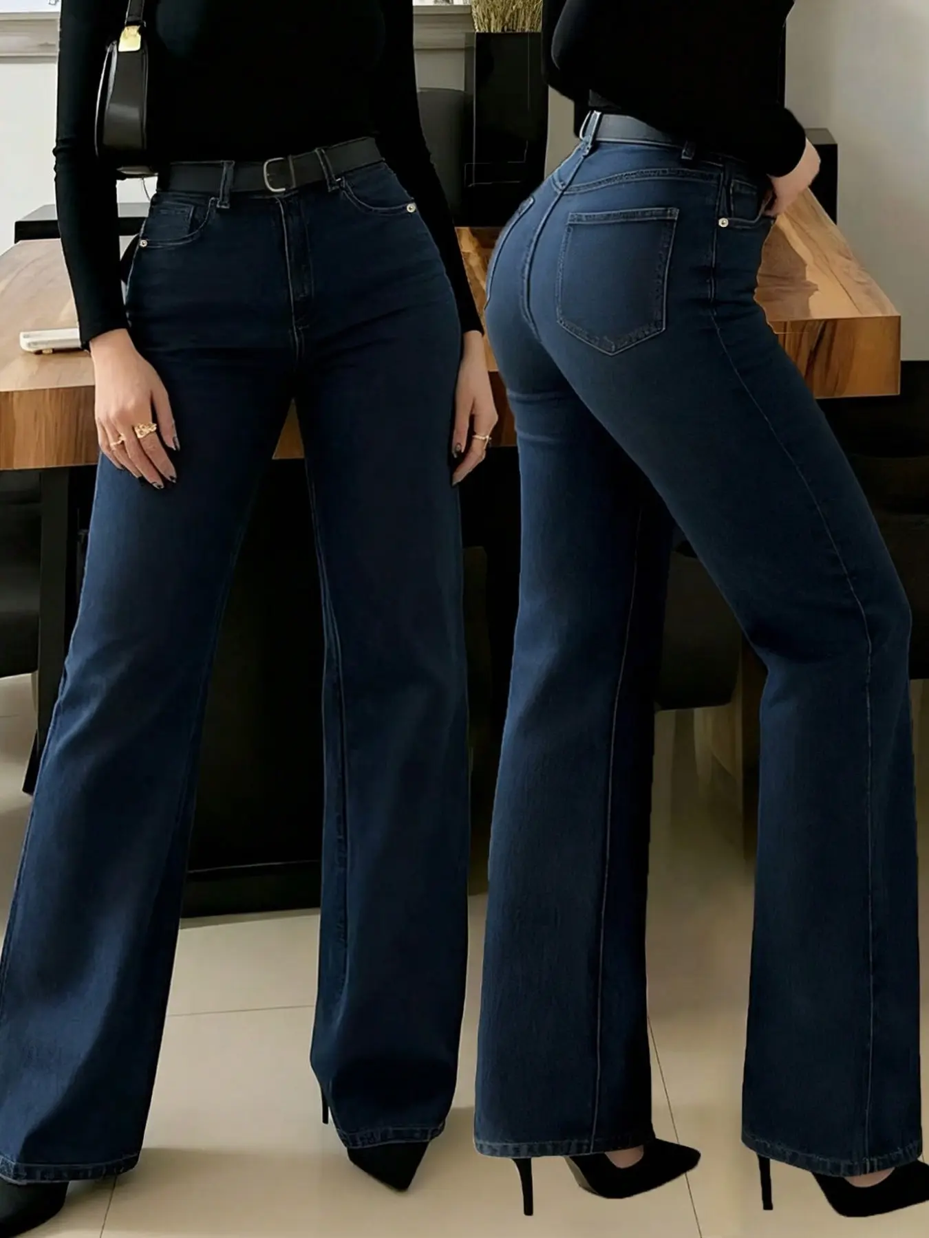 Women's Elastic High-Waisted Straight Leg Denim Jeans, Slimming Wide-Leg Long Pants, Casual Daily Wear, Office Style, Comfortable and Stylish