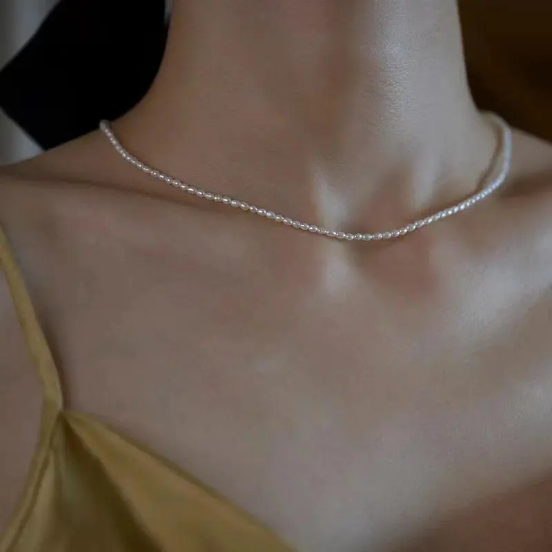 Silver Necklace for Women, 925 Sterling Dainty Satellite Chain with 2.5-3.5mm Freshwater Pearls, 40cm Minimalist Jewelry for Birthday/Party, Silver Necklaces, Anniversary, Daily, Freshwater Pearl Necklace