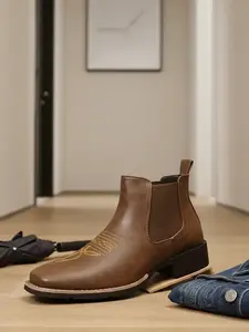 Men's Western Chelsea Denim Boots Square Toe, All-Season One-Step Work Casual Boots, Suitable for Men, Comfortable and Durable, Cowboy Boots, Casual Ankle Boots