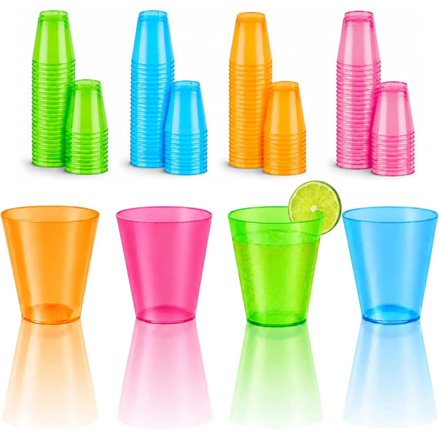 100 COUNT (1 oz) NEON PLASTIC SHOT GLASS CUPS | Disposable BRIGHT MULTI-COLOR Variety Pack | Glow Party Disco  Trinkets Decorations Accessories Decor