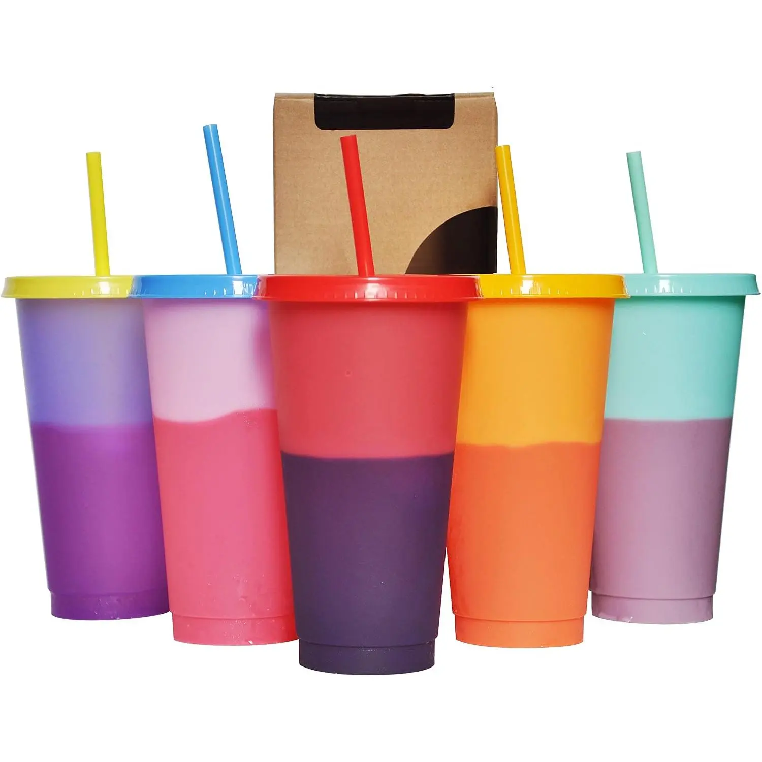 Color Changing Cups, 5 Pack 24oz Plastic Tumblers,  Iced Coffee & Smoothie Cups with  and Straws for Parties and Travel (5 Changing, 5 Packs)