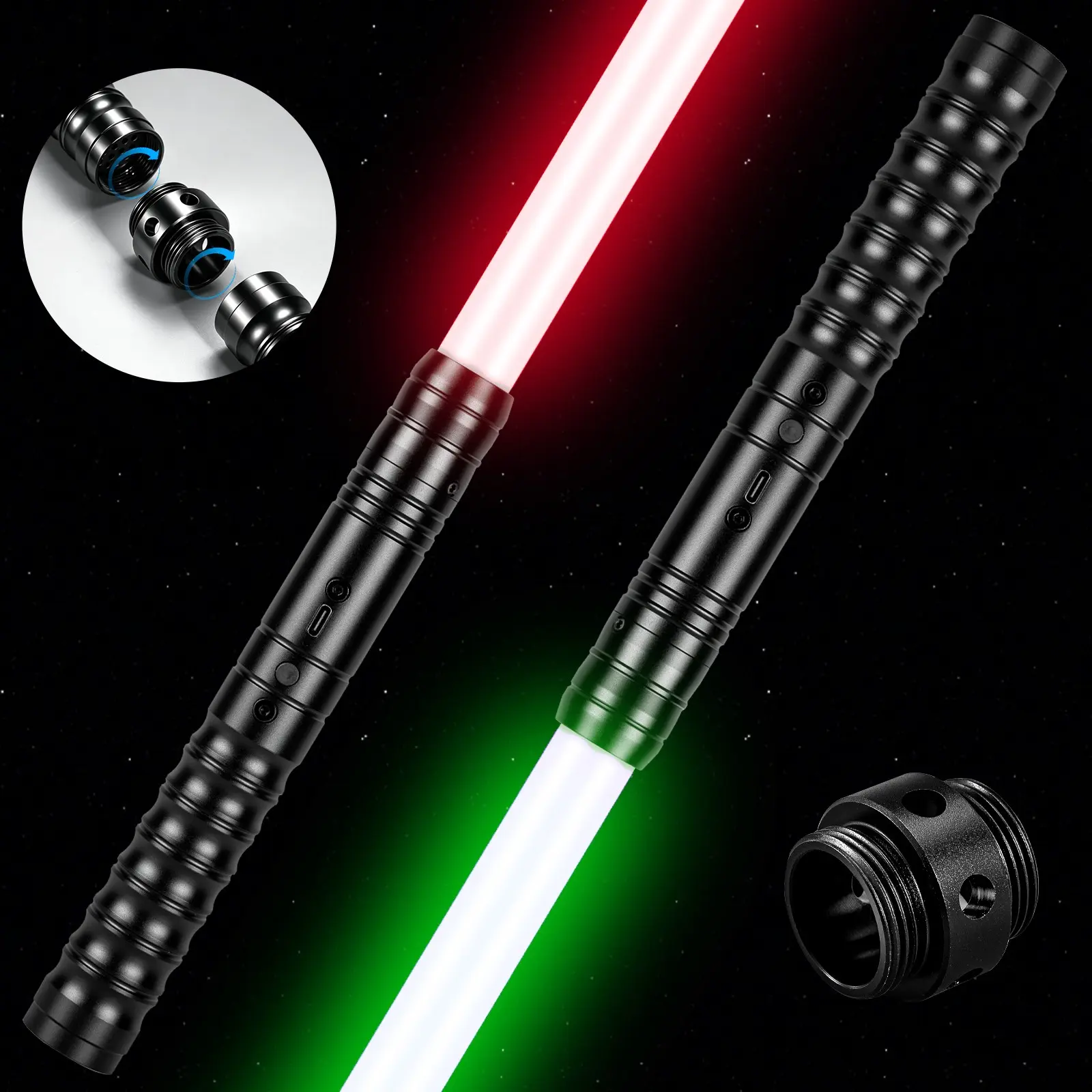 Upgrade Dual-Blade Laser Sword, Metal Handle, RGB Color Change, Sound Effects, Rechargeable, Role Play, Gift for Birthday and Holidays