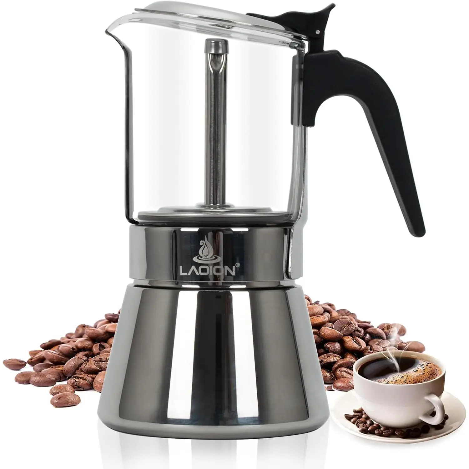LAOION Stovetop Espresso Maker, 6Cup 240ml Classic Moka Pot, Crystal Glass-top & Stainless Steel Coffee Maker Mocha Pot, Greca De Cafe, Cuban and Italian Coffee Maker for Cafetera Cubana