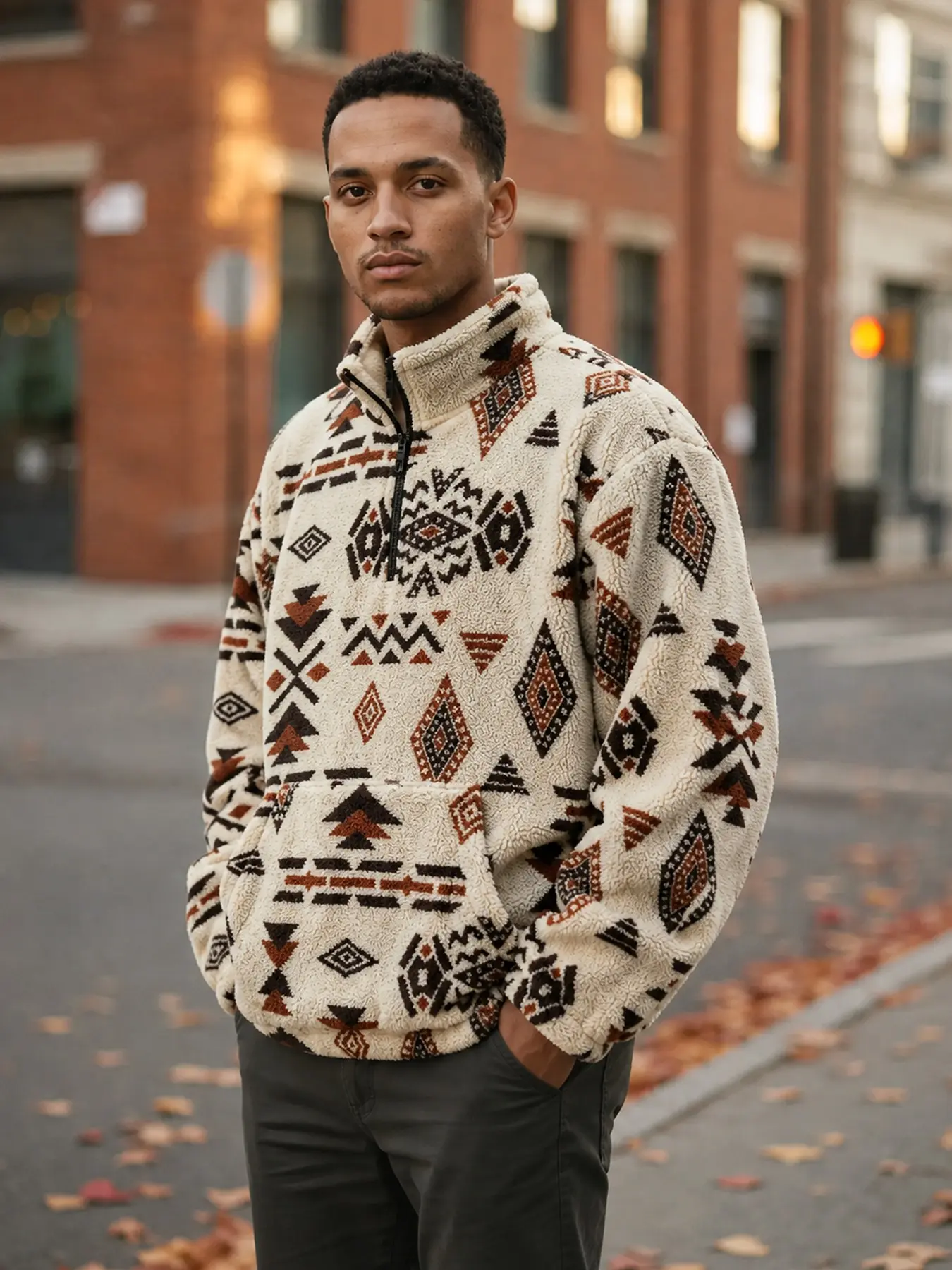 Men's Fall Winter Warm Fleece Sweater, Ethnic Geometric Print, Half-Zip Stand Collar, Kangaroo Pocket, Loose Fit, Casual Style