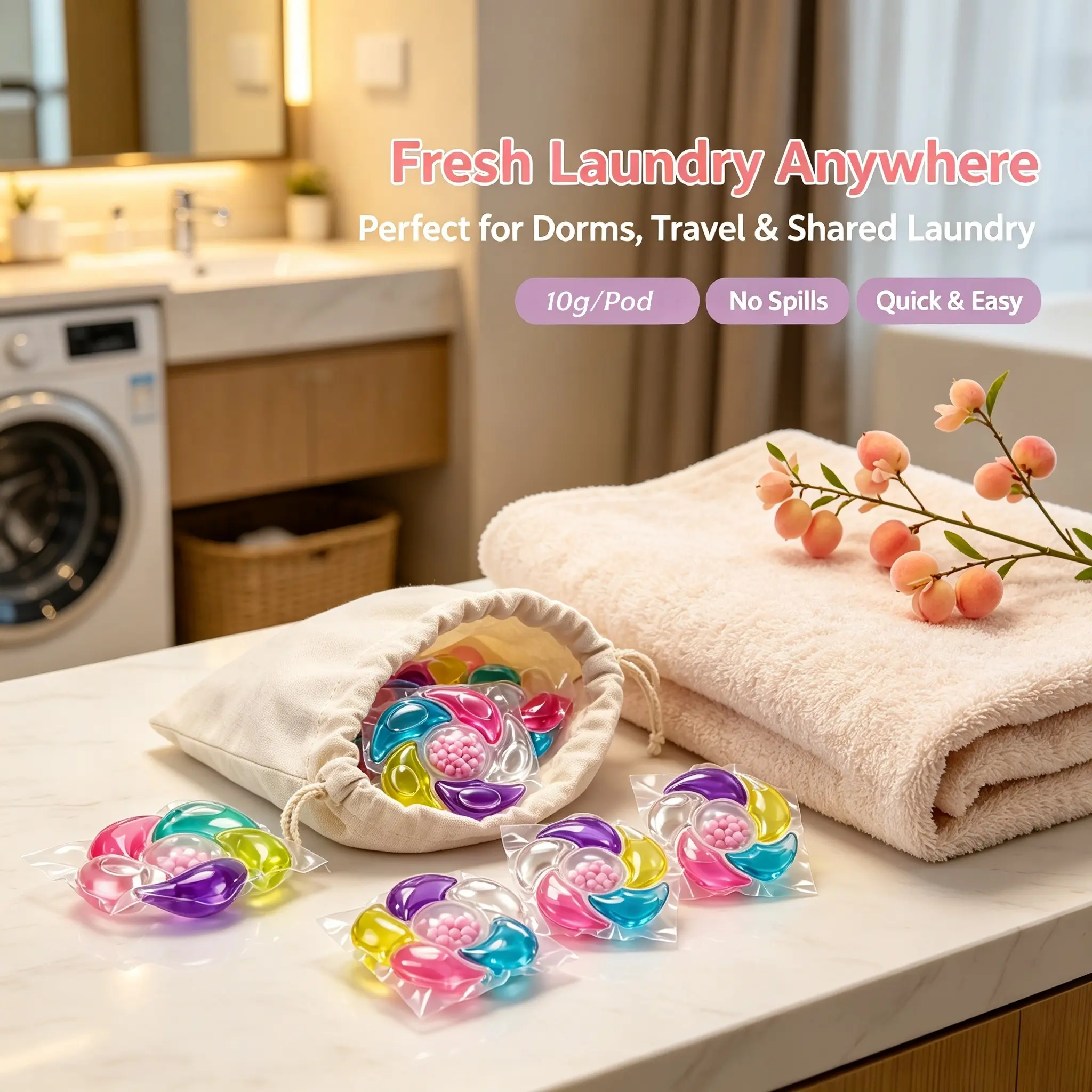 6-in-1 Laundry Detergent Pods, 10Pods/60Pods, Sweet Peach Scent Laundry Pods with Scent Booster Beads, Deep Stain Remover & Odor Eliminator, HE Compatible Detergent Sheets Alternative for Clothes