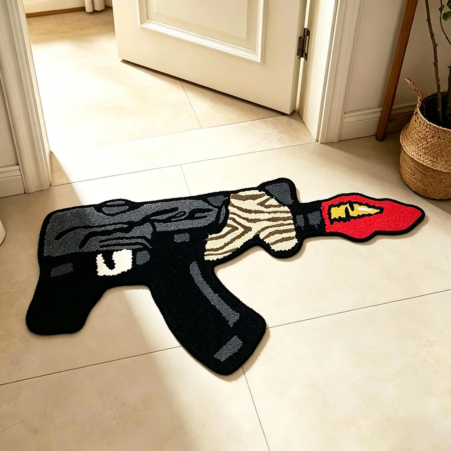 Cool Cartoon Gun-Shaped Decorative Rug, American Street Style Mat, Gaming Room Entrance Carpet, Unique Home Decor for Living Room, Bedroom, Bathroom