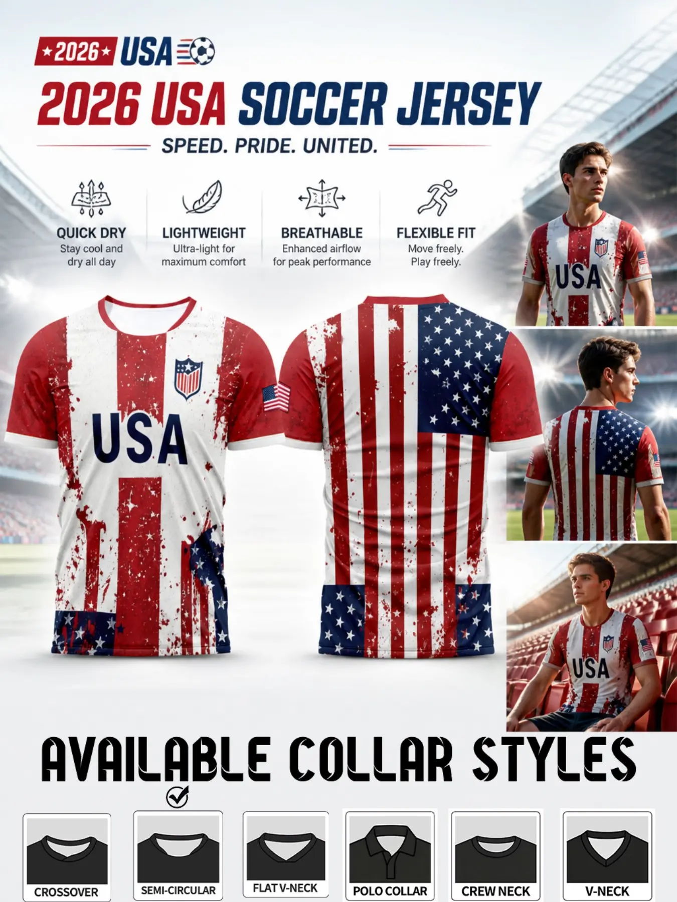 2026 Usa Soccer Jersey, Vintage Scratch Star Stripe Full Sublimation, Moisture-Wicking Sport Training T-Shirt, Lightweight Breathable Quick-Dry Short Sleeve