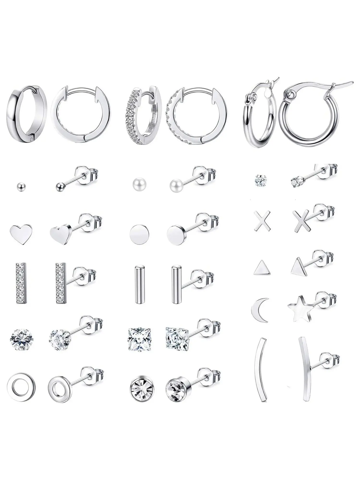 18 Pairs Silvery Minimal Multi-Geometry Earring Pack for Women Men Stainless Steel Hoops Tiny Stud Collection Classic Minimalist Silhouettes Plain Thin Hoops CZ Encrusted Hoops Mini Geometric Studs Flexible Butterfly Ear Backs Lightweight Ear Ornaments