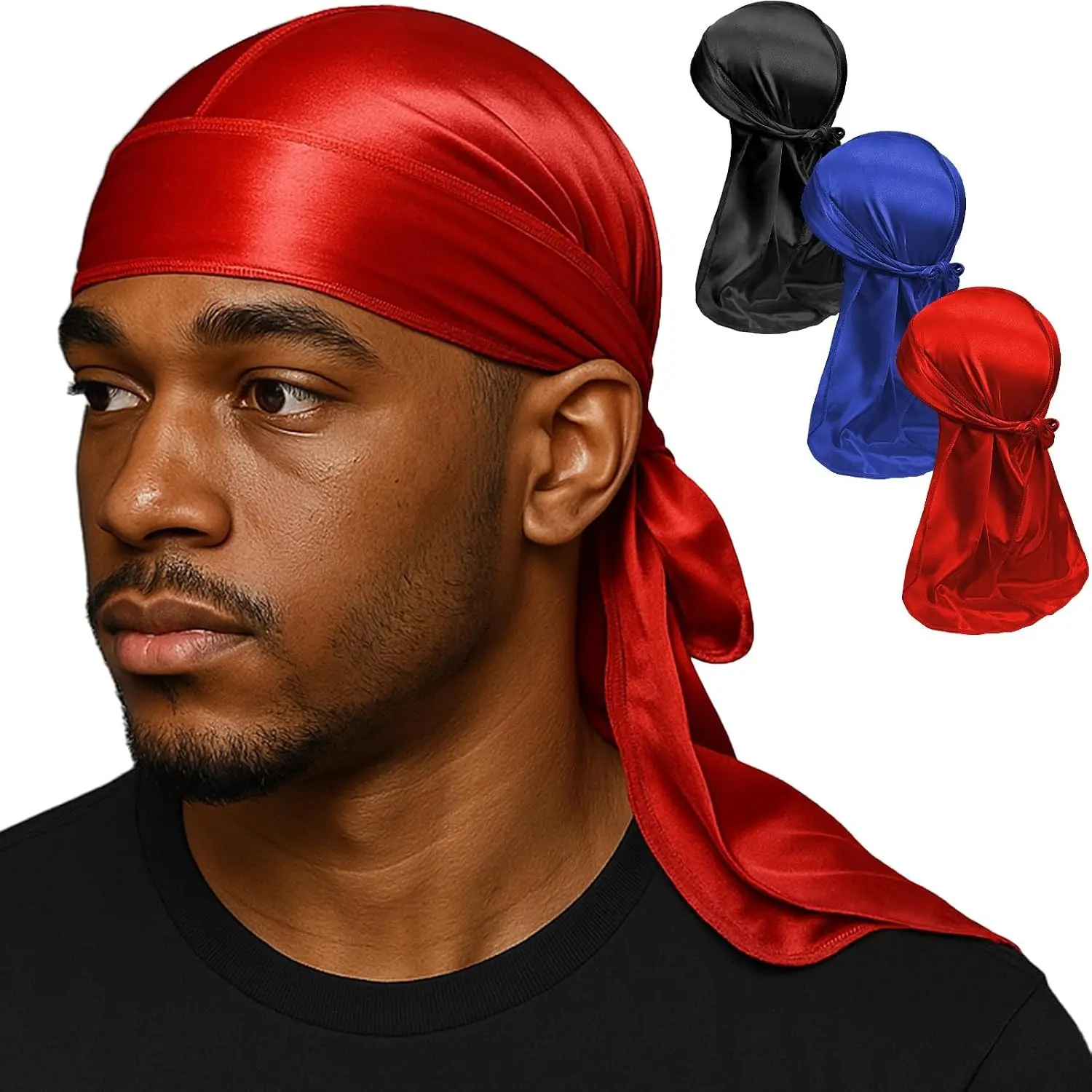 2/3PCS Silky Satin Durag For Men Women Long Tail Pirate Head Wrap Smooth Polyester Do Rag Wave Cap Hair Protection Turban Multiple Solid Colors