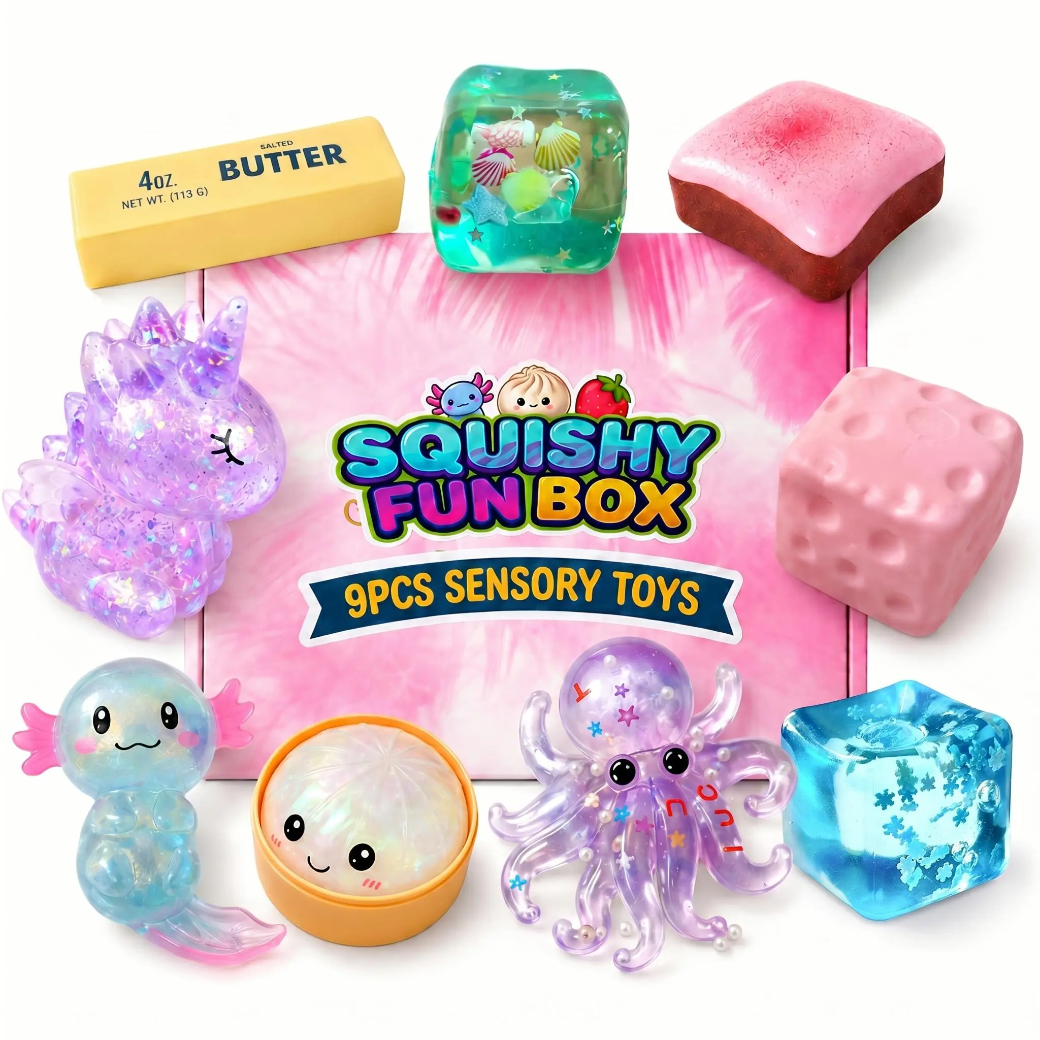 STS01 Unisex 9-Piece Nitrosamine-Free Malt Sugar Squishy Fun Box, Stress Relief Fidget Toys with Axolotl Shape, Fast-Slow Bounce Options, Collectibles, Pink Cheese, Icy Snowflake, Sensory Bundle for Anxiety Relief, Party Gift