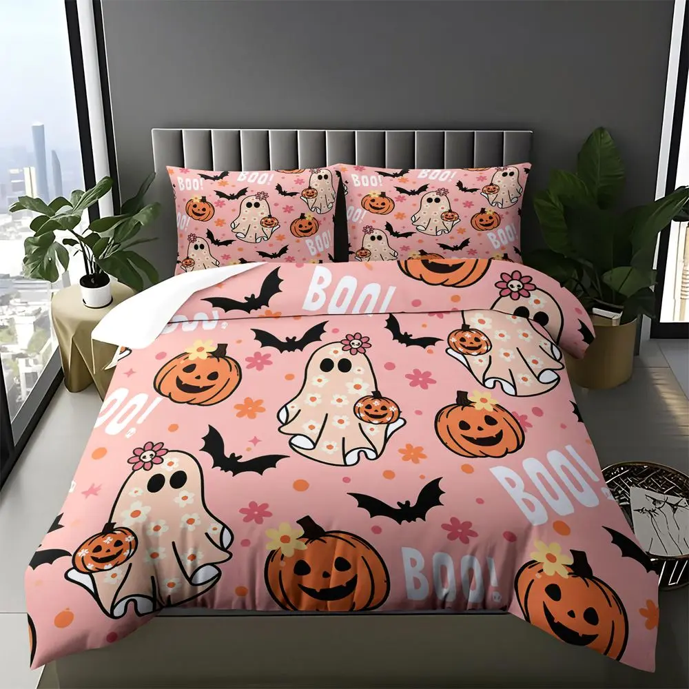 2/3Pcs Cute Pink Halloween Bedding Set, Preppy Ghost Pumpkin Duvet Cover Set, Spooky Boo Pattern Bedding, Soft Aesthetic Duvet Cover with Pillowcase for Girls Bedroom No Fillers