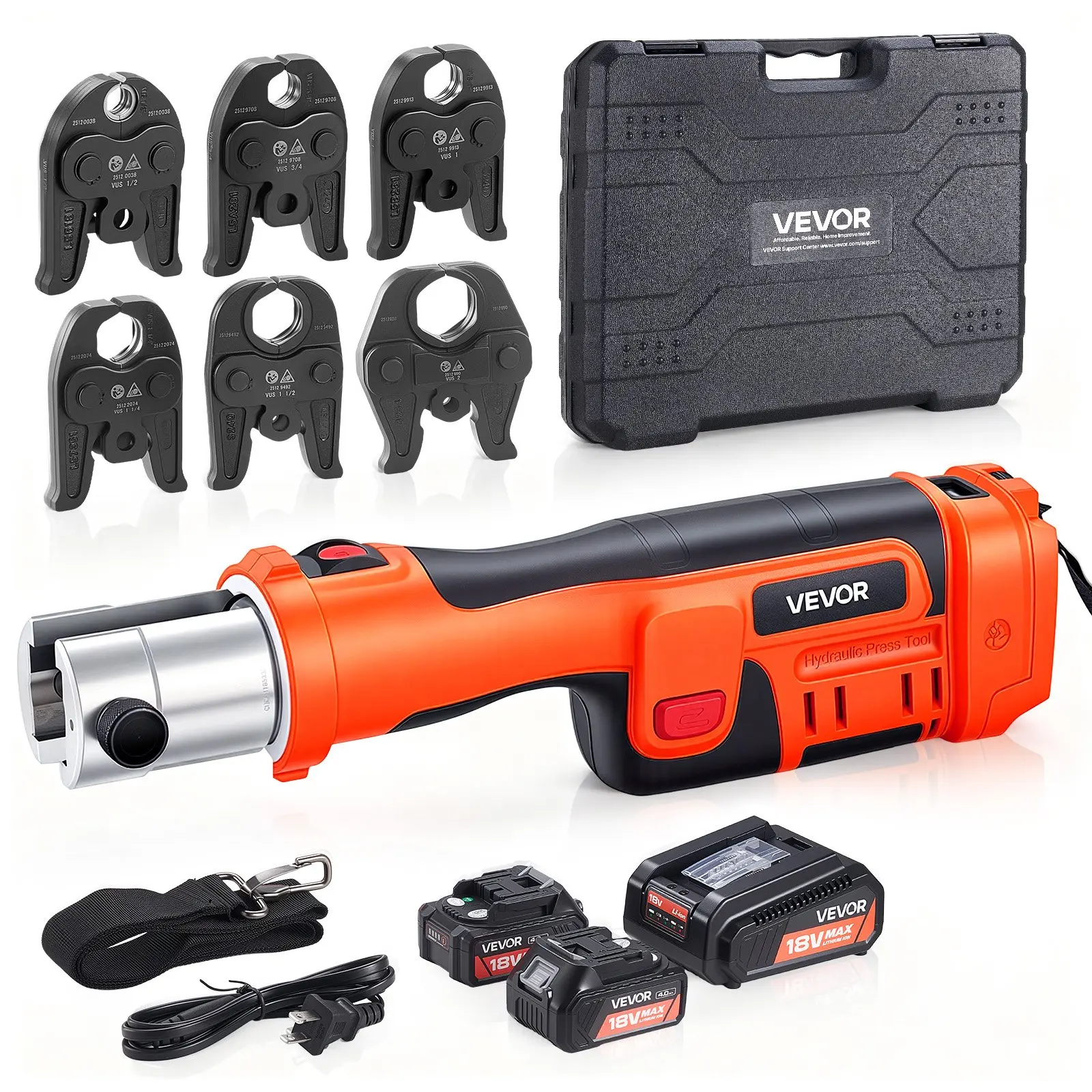 VEVOR Press Tool, 18V Electric Crimping Tool for 1/2", 3/4", 1", 1-1/4", 1-1/2", 2" Copper Pipes, 32KN Press Tool Compatible with ProPress - with 6 VUS Jaws, 2PCS 4AH Batteries, Charger & Toolbox