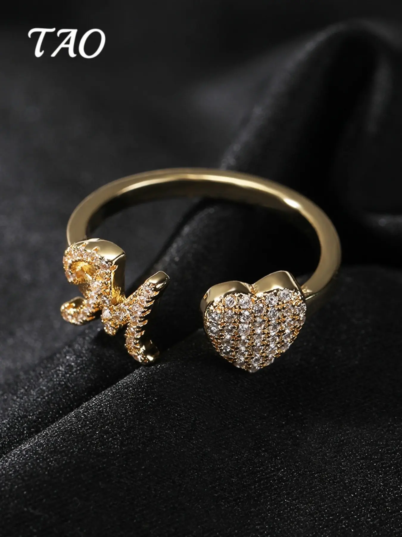 TAO-Creative Simple 26 Letter & Heart Open Ring, Luxurious Zircon Embedded, Hip Hop Style, Unisex, Perfect Gift for Birthday and Anniversary