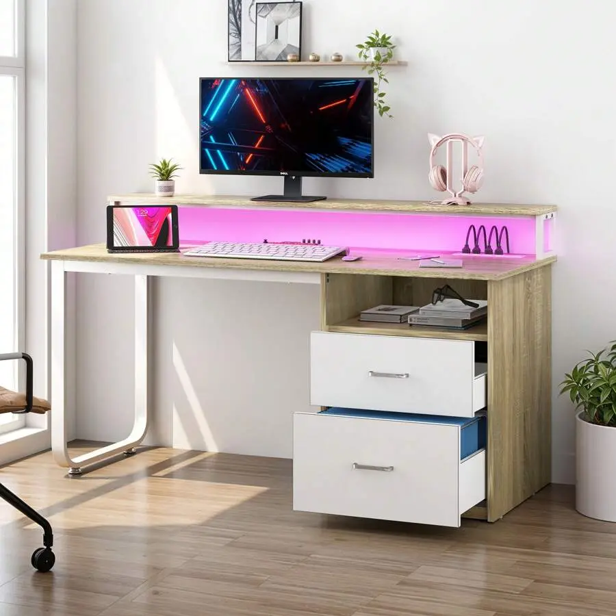 Modern White And Oak 55Inch Office Desk With Storage Cabinet And Shelves Gaming Computer Table Wtih LED Light And Charging Station, Office, Livingroom, Study Room