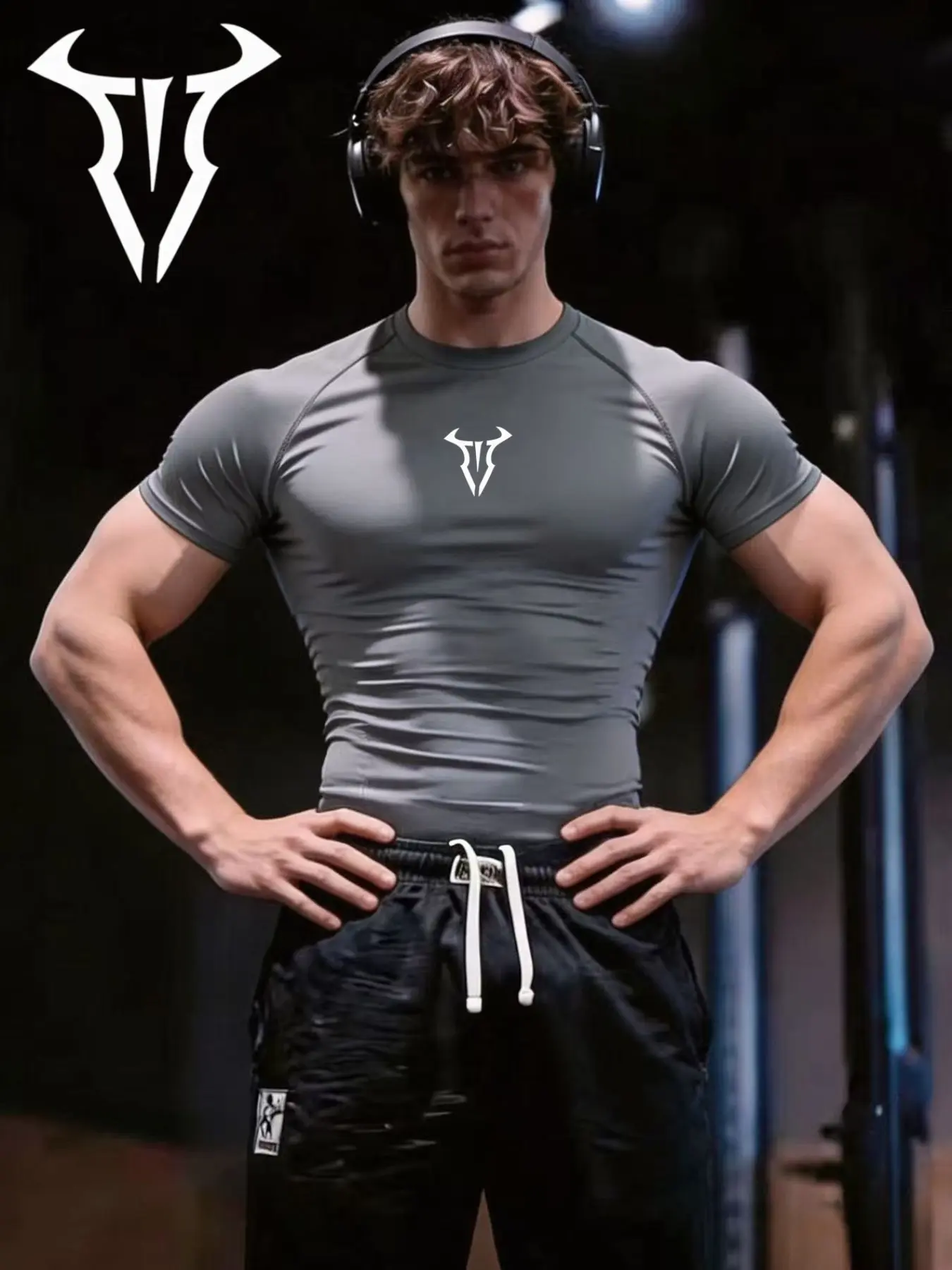 Men's European Style Fitness T-Shirt, Trendy Bull Horn Print, High Elasticity Quick-Dry Breathable Fabric, Tight Fit Compression, Ideal for Gym Training