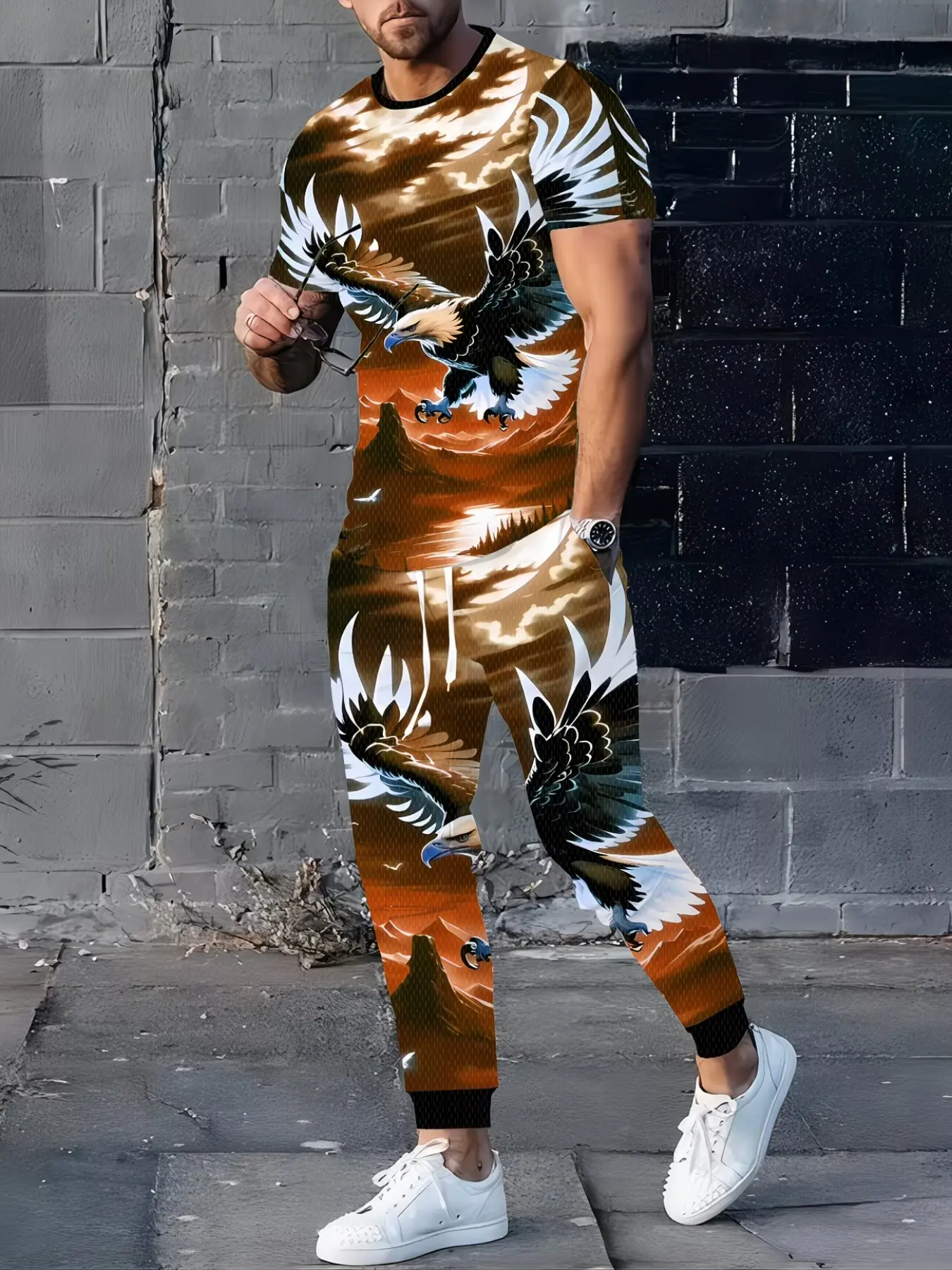 Men's Short Sleeve Long Pants Set, Casual Round Neck, Stretchy Knit Digital Print, Striped T-Shirt Top and Pants Two-Piece Set Outfit