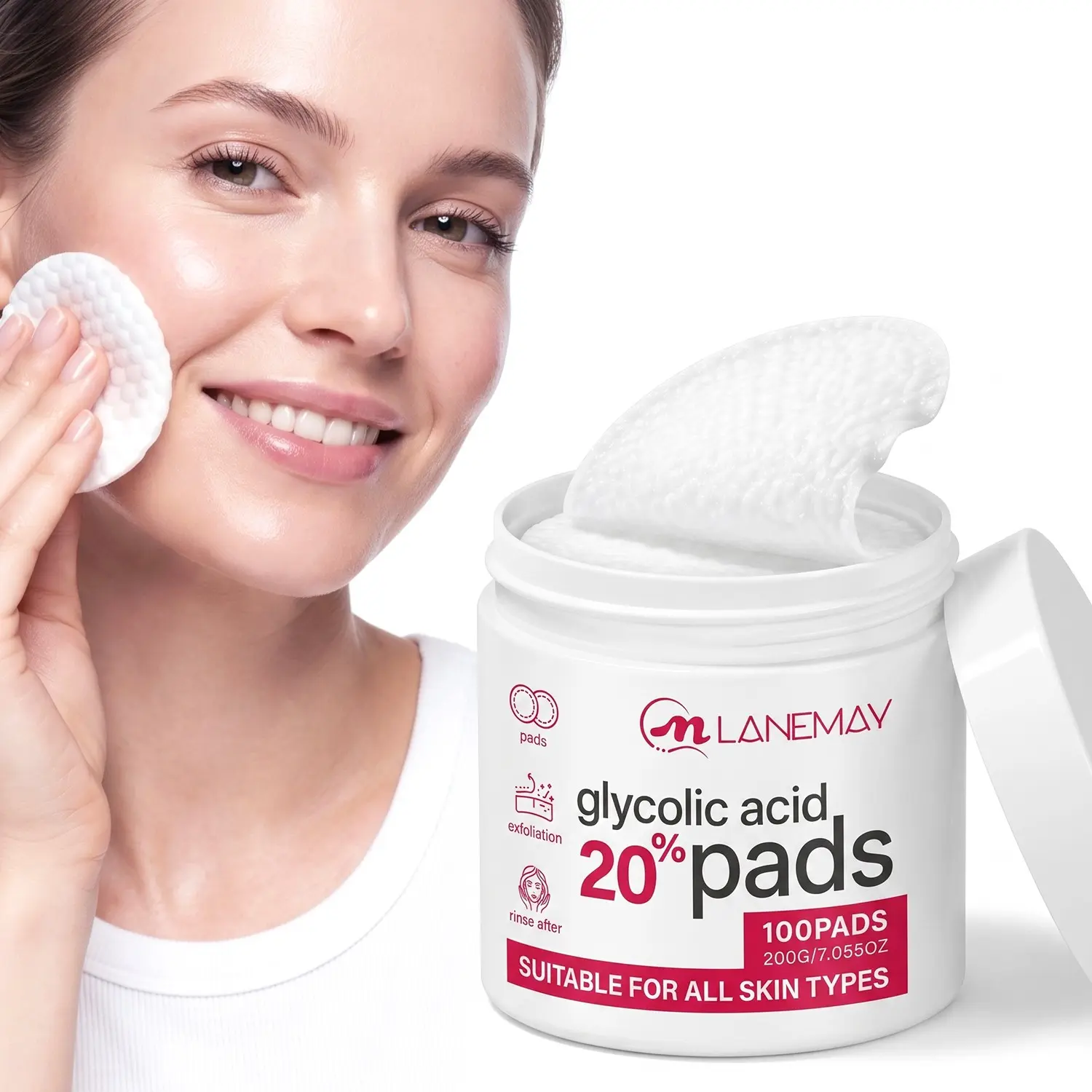 LANEMAY 20% Glycolic Acid Exfoliating Pads 100 pads/200g | Cucumber extract moisturizing + hydrate + gentle exfoliating + glycolic acid exfoliating + dead skin remover for face | Smooths body skin | Suitable for face, neck, back and chest | Adults