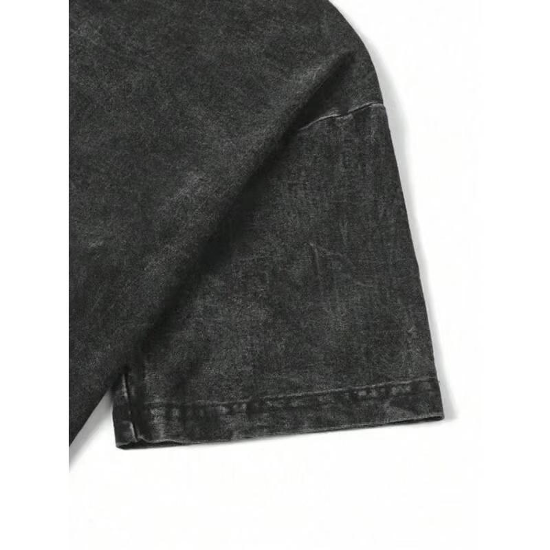 Couple Matching Vintage Washed Print T-Shirt Black Clover Skull Pattern Embroidered Flower Crewneck Short Sleeve Regular Fit Straight Hem Graphic Tee Casual Streetwear Daily Outfit