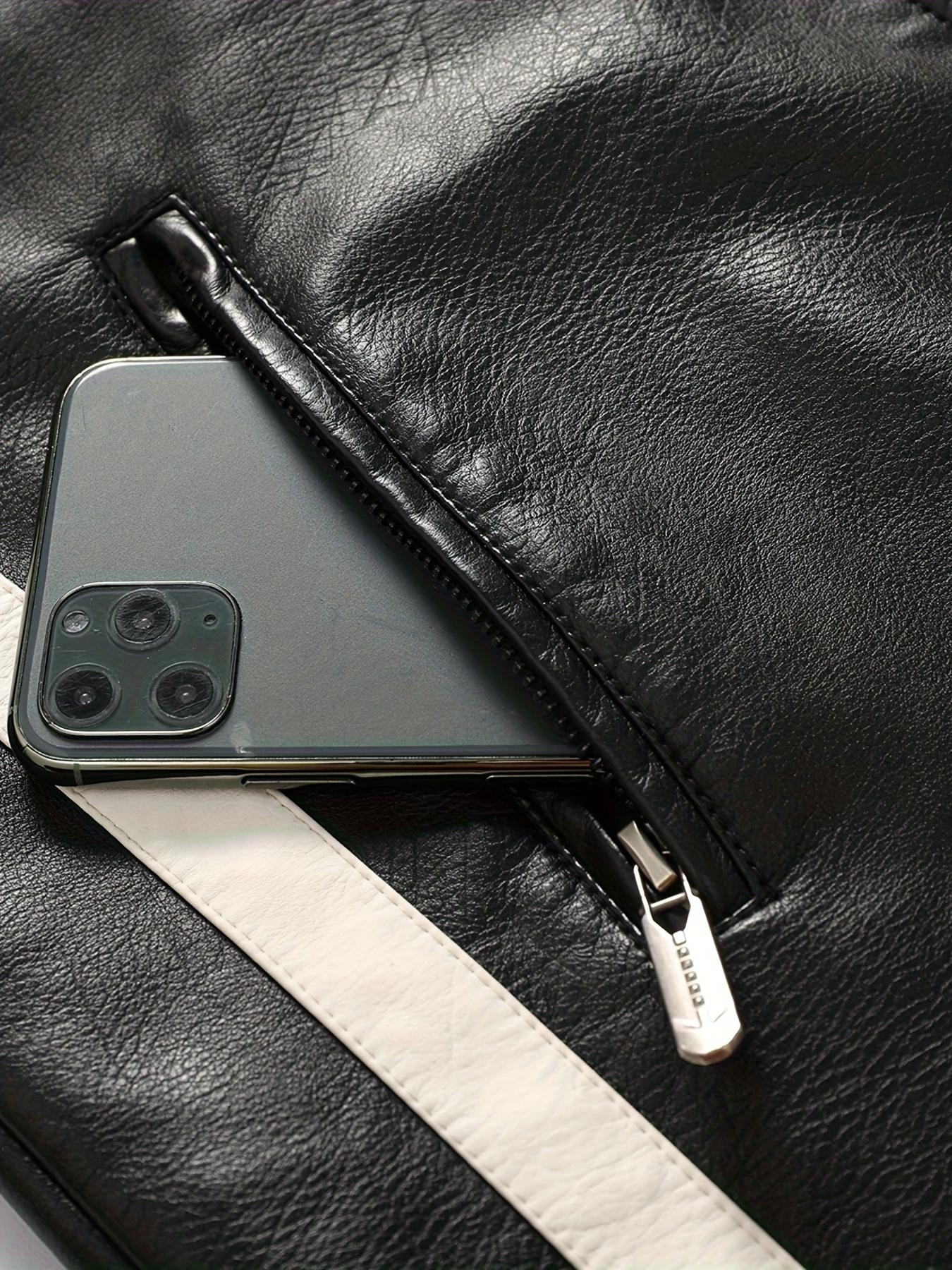 Men's long-sleeved zippered motorcycle jacket with stand-up collar panels is stylish and chic for casual wear for autumn and winter Tops Black Menswear Coats Lawn