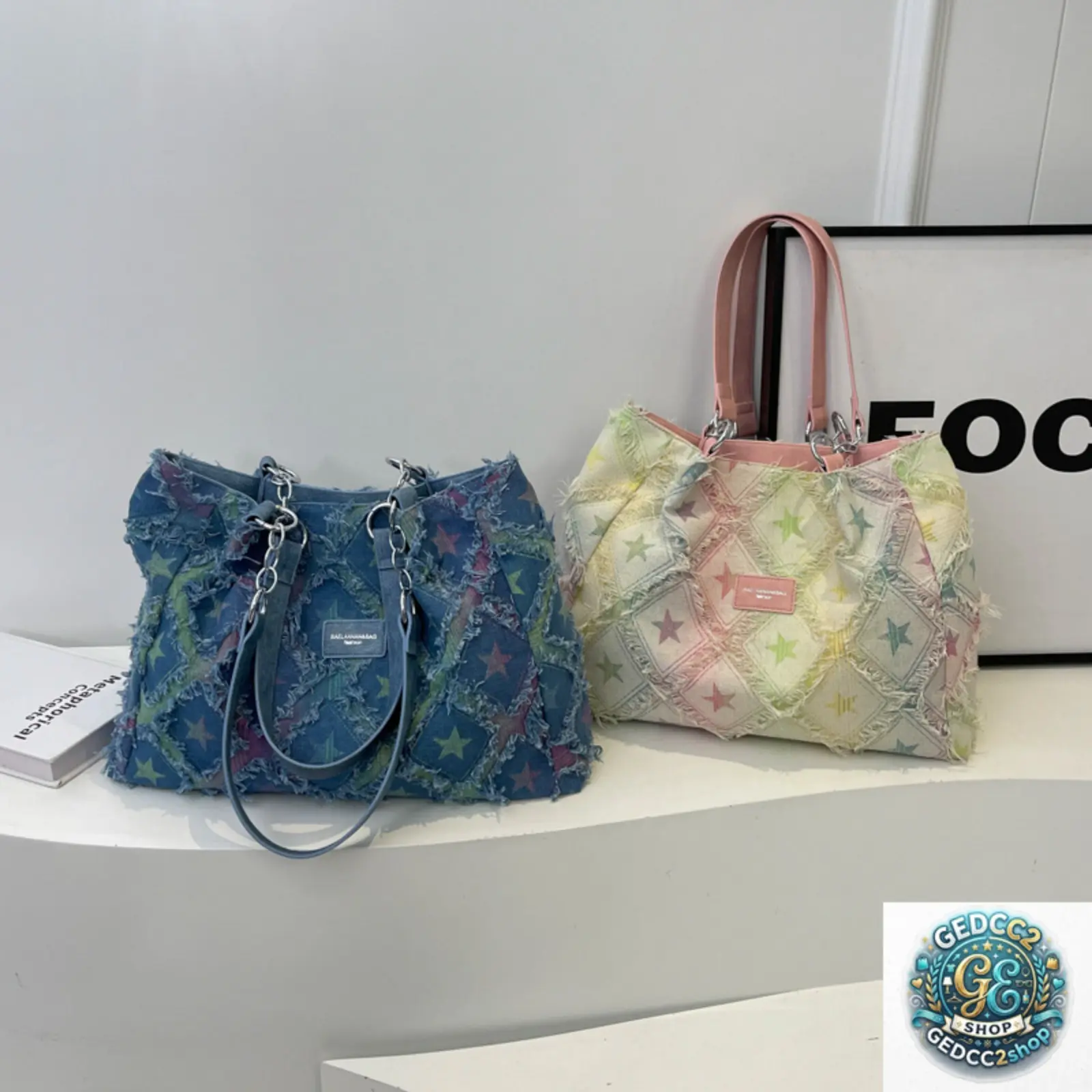Women’s Distressed Denim Tote Bag, Large Capacity Shoulder Handbag with Casual Vintage Style, Spacious Everyday Purse for Work & Shopping