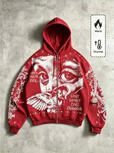 Vintage Angel Eye Pattern Hooded Zipper Sweatshirt, Warm Hoodie Jacket, Y2K Gothic Streetwear, Full Print Sports Sweatshirt