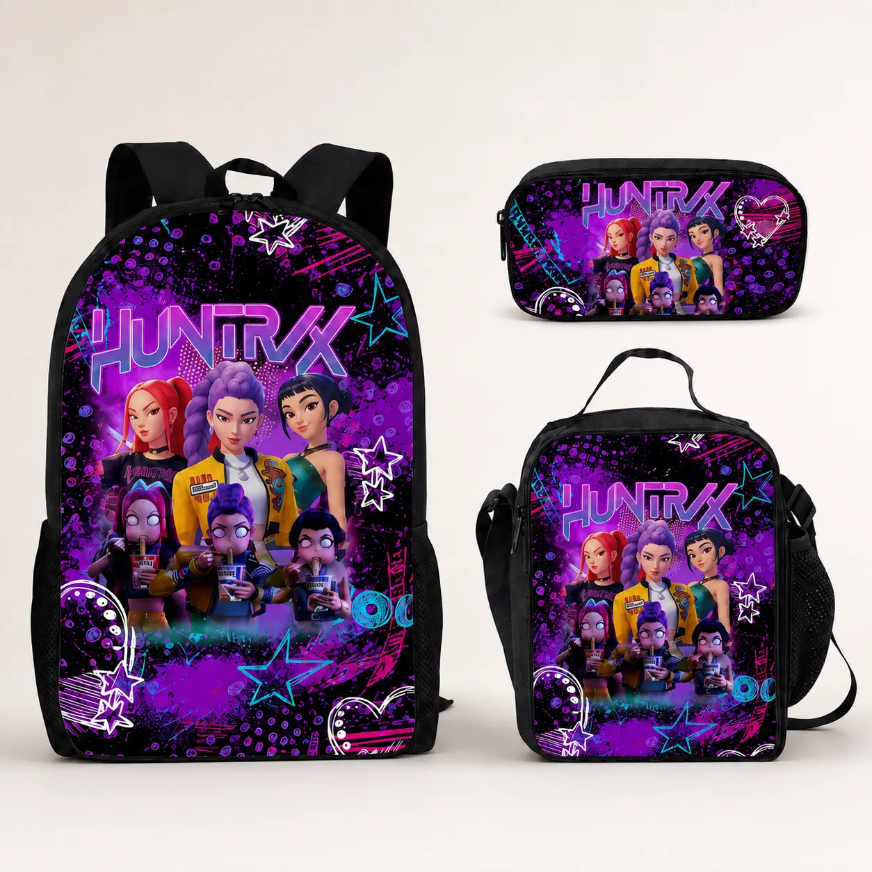 "Girl-group style" backpack set — available as a standalone backpack or a 3-piece set (including a lunch bag and pencil case); purple back-to-school/travel set.