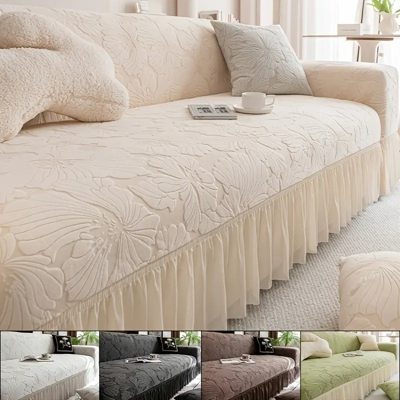 1 PC Flower Texture Polar Fleece Skirted Sofa Cover Skirted Couch Slipcover, Decorative Sofa Cover, Home Decoration Non Slip Couch Cover Slip-Resistant Wear-Resistant 1 To 4 Seater Pet Friendly Machine Washable
