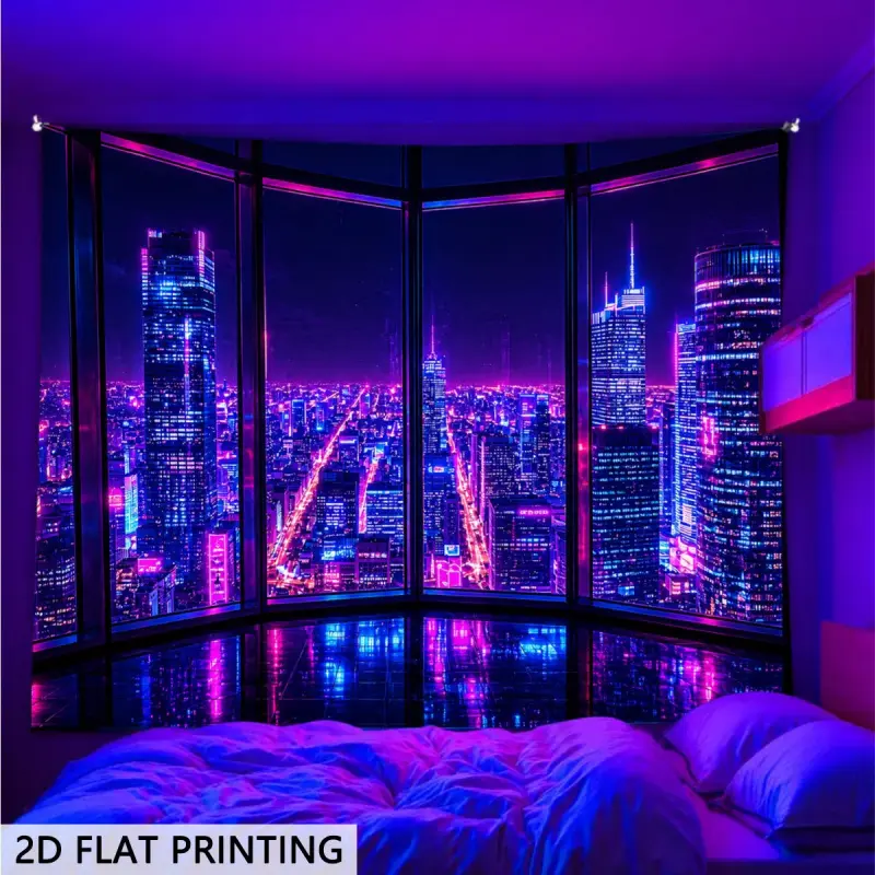 Extra-Large 2D Flat Blacklight Neon Sci-Fi City Glow-in-Dark UV Reactive Polyester Tapestry - Custom Print Indoor Home Decor Wall Hanging, Bedroom Decor, Spooky Theme Fan Gift Accessory