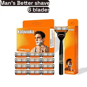 Men's razor set, 1 handle and refill blades, 6-blade system, sharp blades with anti-corrosion coating, smooth shaving, longlasting, anti-scratch damping, a must-have tool for men at home and for travel.