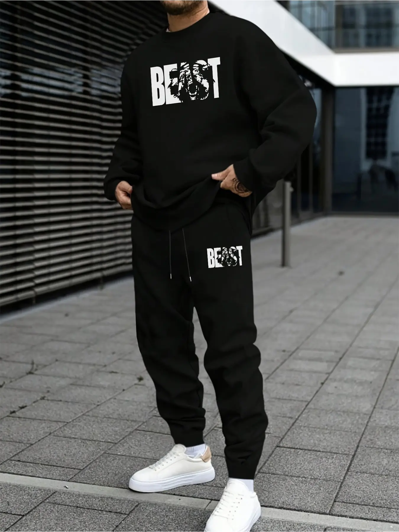 American High Street Black Tracksuit, Men's Loose Crew Neck Sweatshirt & Cuffed Joggers 2-Piece Set, BEAST Printed Design, Warm Casual Outfit for Autumn & Winter, Ideal for Running, Fitness Training & Trendy Daily Wear