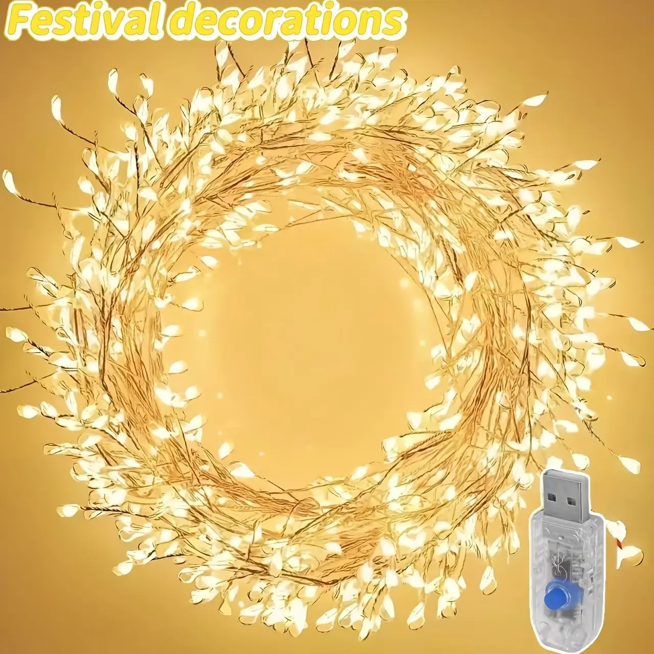 1pc Indoor Fairy Tale String Lights, 100/50-LED Copper Wire Firecracker Cluster Lights, USB-Powered, 8 Lighting Modes, Fairy String Lights Suitable for Bedroom, Wedding, Holiday, Engagement, Christmas Tree Decoration - Warm Color