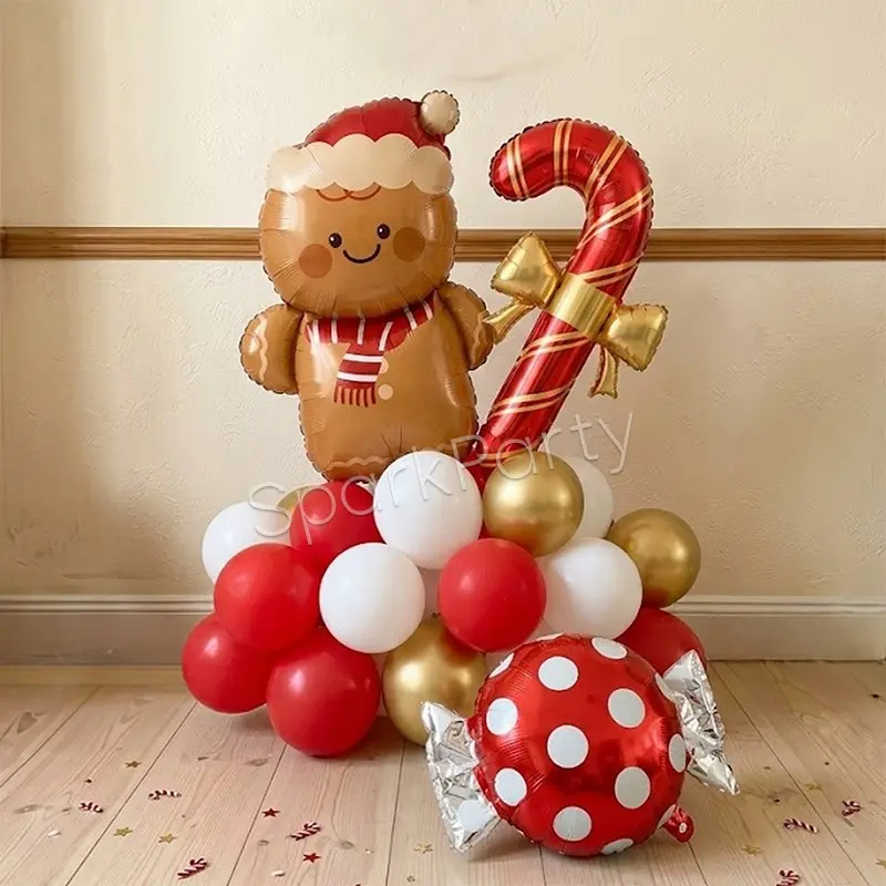 27pcs Gingerbread Man Party Balloon Set, Gold Bow Candy Cane Balloons, 10-Inch Gold Latex Balloons, Xmas Holiday Decorations