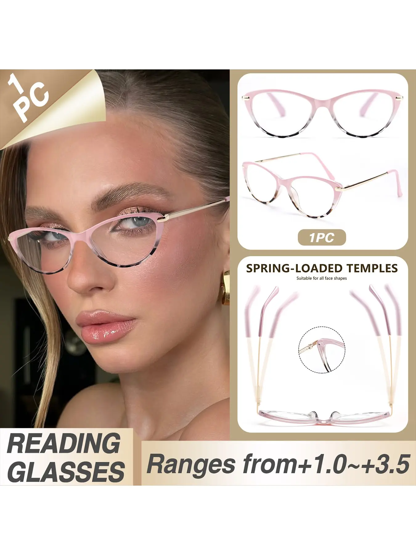 Small Frame Cat Eye Reading Glasses, Eyeglasses, Spring Temple Fit Face Shape, Versatile Use, Women's Reading Glasses, 1 Pair