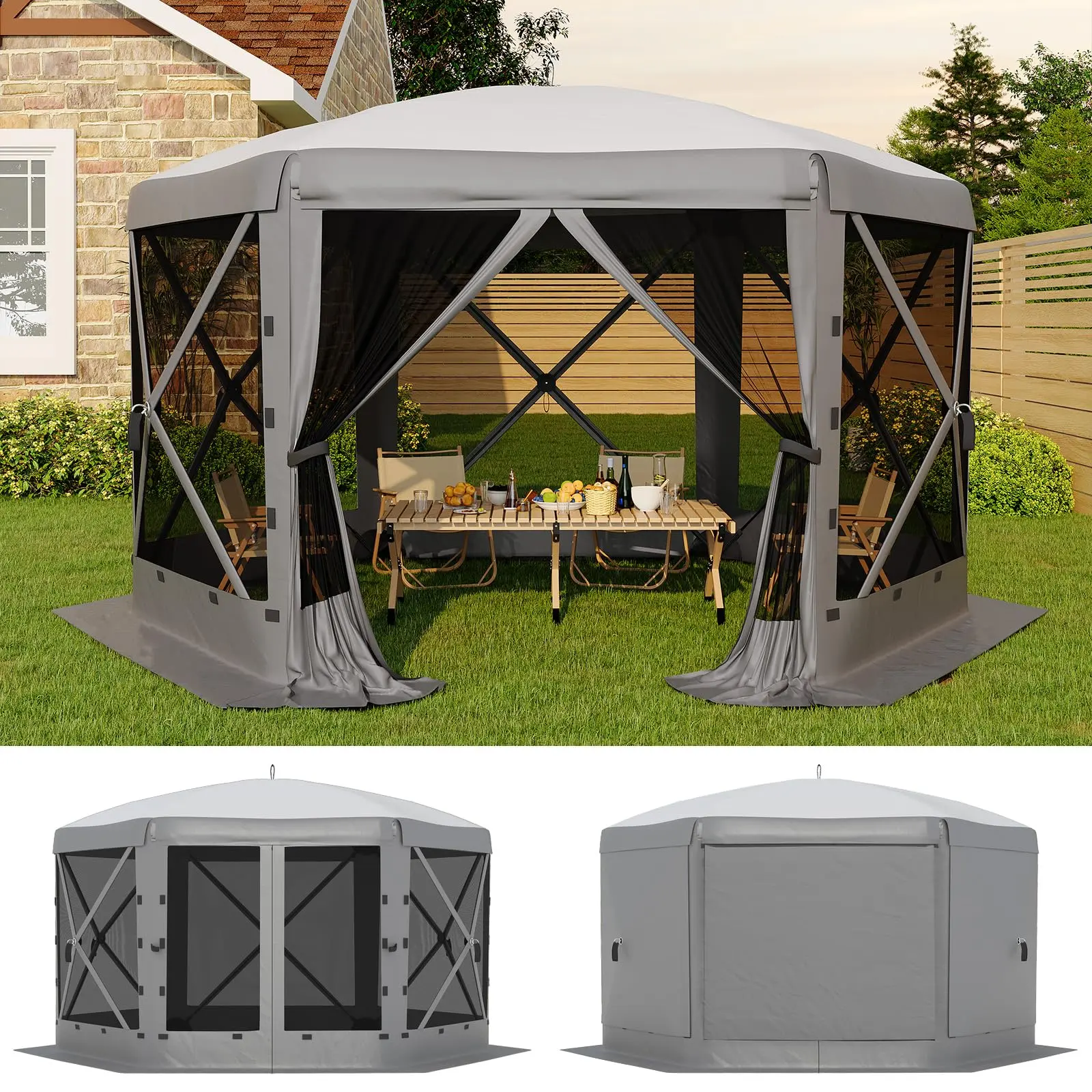 Garvee 11.5x11.5 ft Pop Up Screen Gazebo Tent - Instant Easy Setup Outdoor Canopy Shelter with Full Mesh Walls & 6 Removable Wind Panels - Heavy Duty Windproof Mosquito Netting for Patio Camping pop-up party design uv resistant garden pool lawn backyard